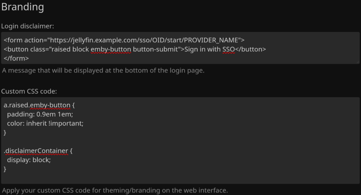 screenshot of the configuration page with the same code