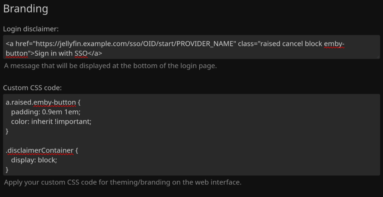 screenshot of the configuration page with the same code